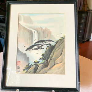 Vintage East Asian Landscape Painting, framed, Grey & Blue